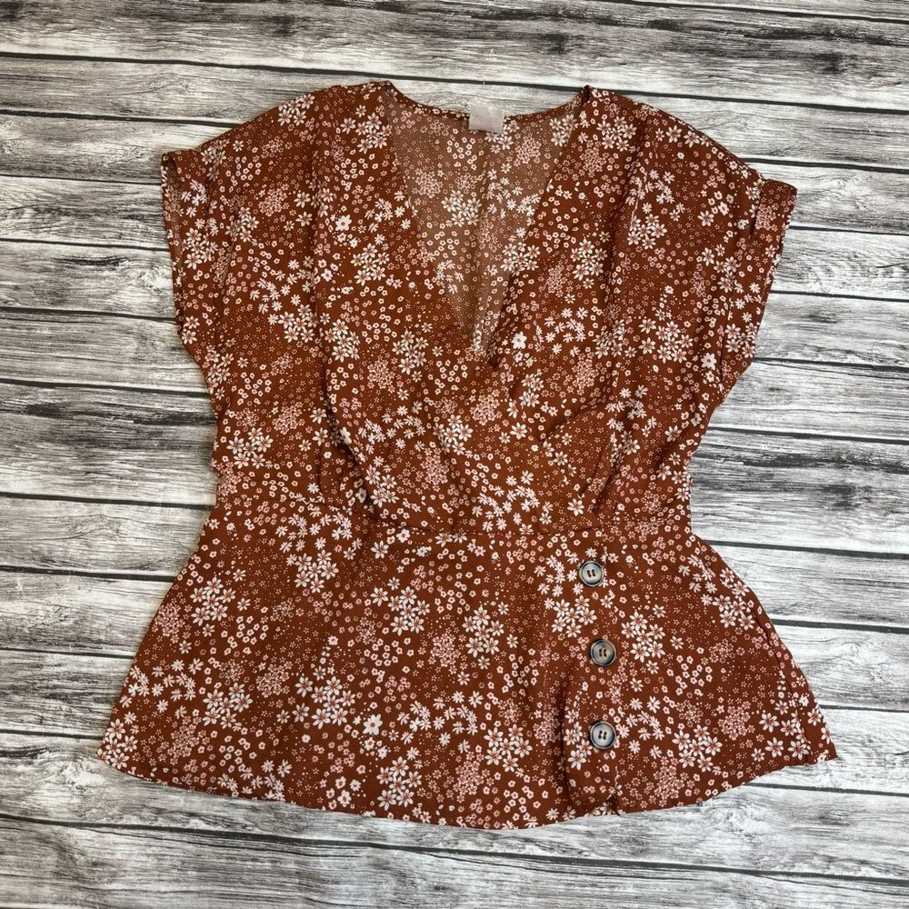 No Boundaries Floral Faux Wrap Sleeveless Blouse Peplum Rust Pink L - Picture 12 of 13